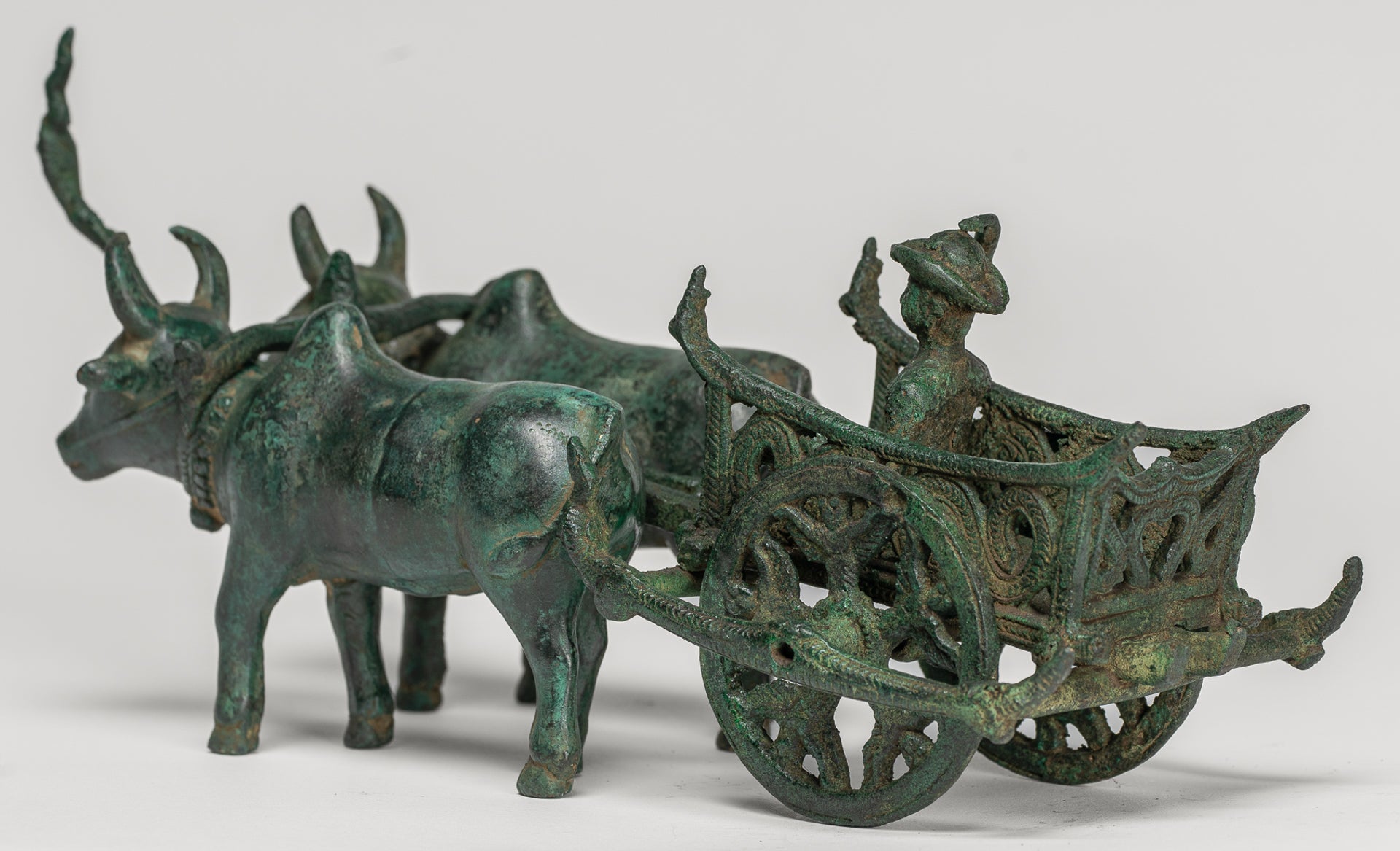Ox Cart Statue - Antique Khmer Style Bronze Ox Cart Statue - 26cm/10"