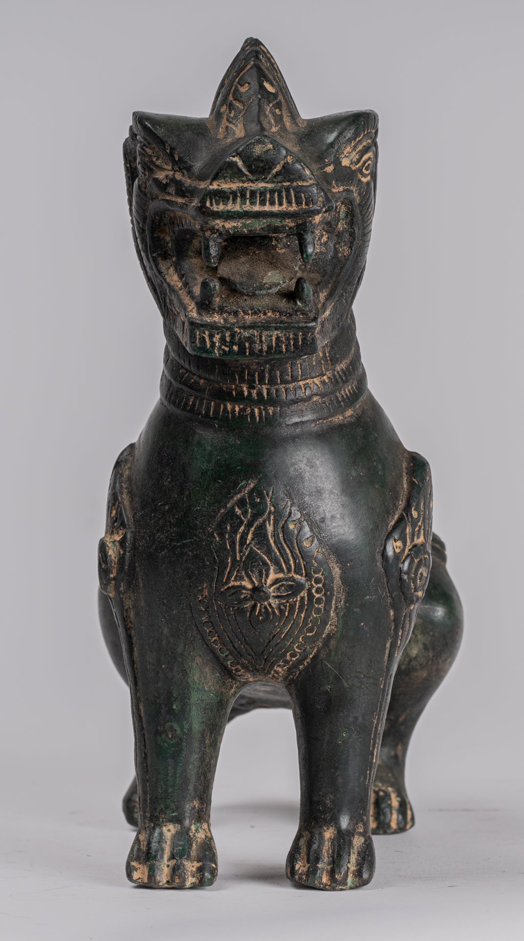 Antique Burmese Style Bronze Standing Chinthe Guardian Temple Lions - 24cm/10" (Pair)