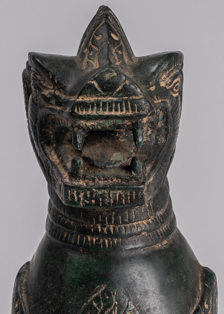 Antique Burmese Style Bronze Standing Chinthe Guardian Temple Lions - 24cm/10" (Pair)