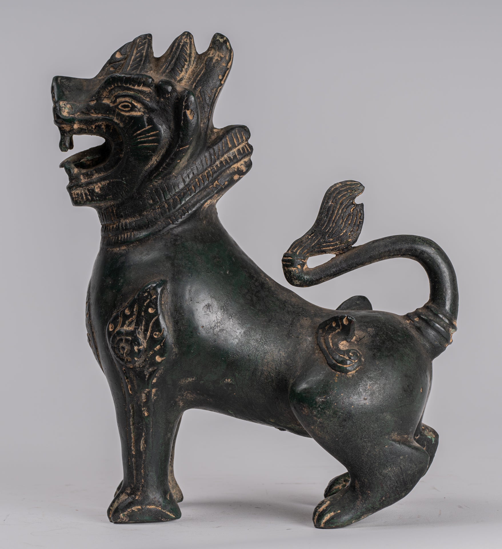 Antique Burmese Style Bronze Standing Chinthe Guardian Temple Lions - 24cm/10" (Pair)