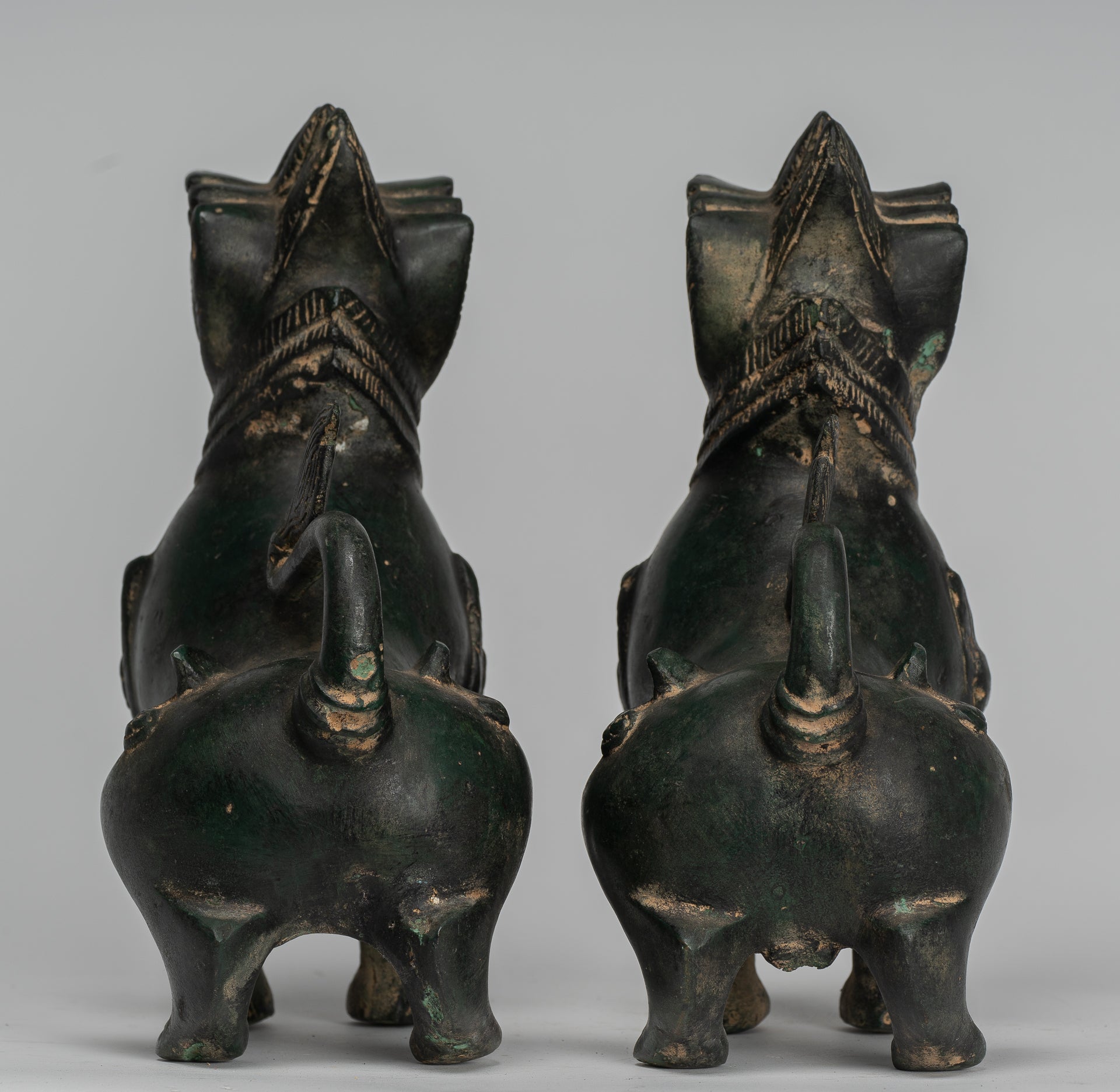 Antique Burmese Style Bronze Standing Chinthe Guardian Temple Lions - 24cm/10" (Pair)