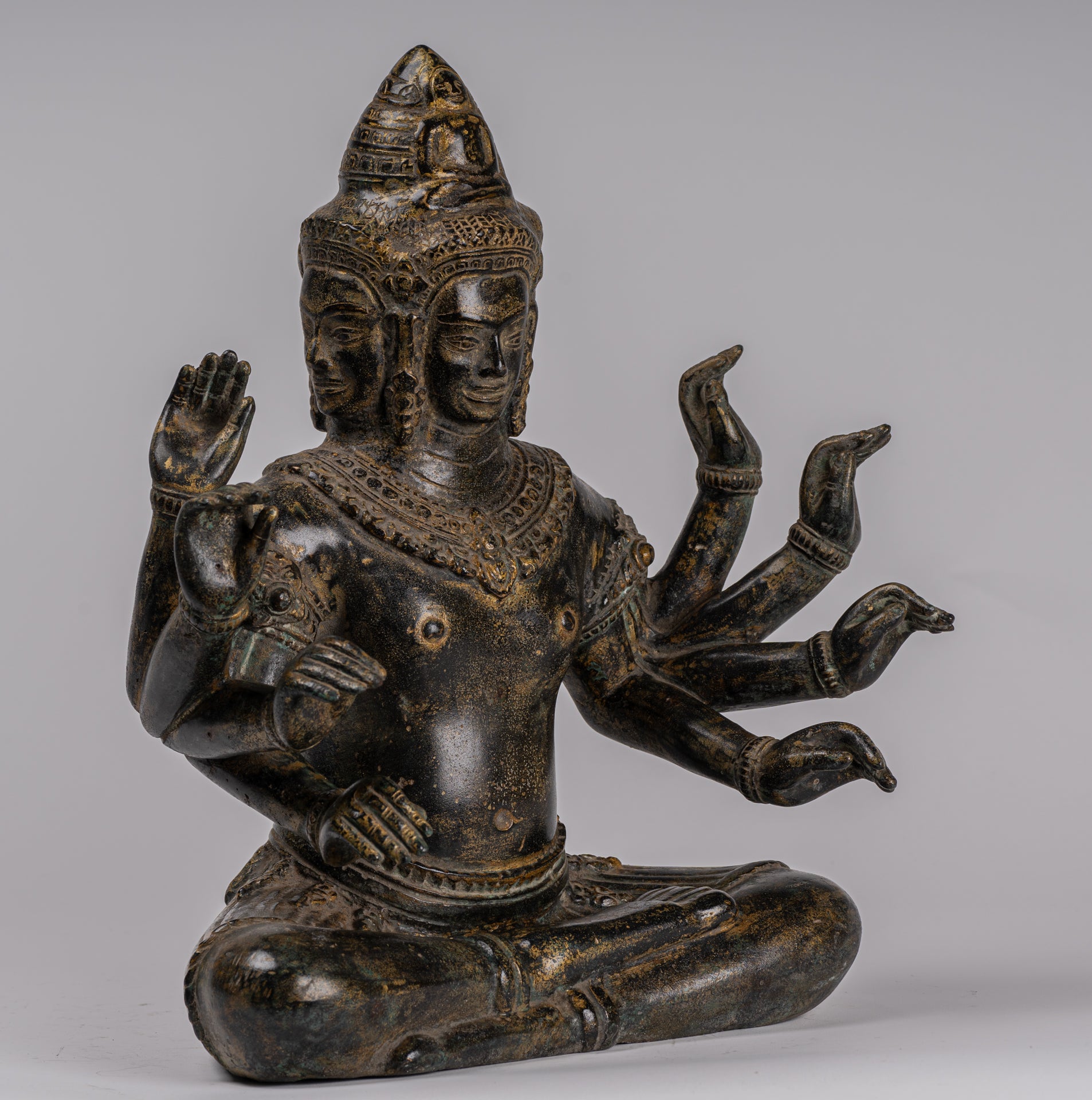 Antique Khmer Style Seated Bronze Bodhisattva Avalokiteshvara Statue - 36cm/14"