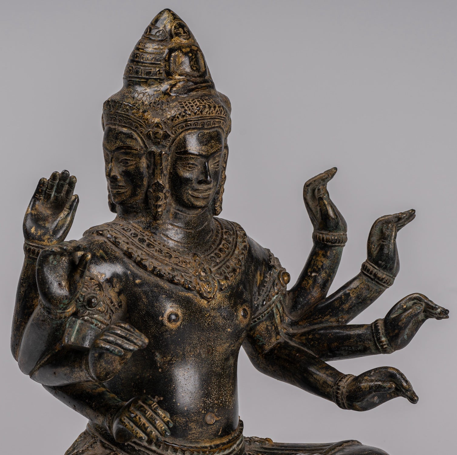 Antique Khmer Style Seated Bronze Bodhisattva Avalokiteshvara Statue - 36cm/14"