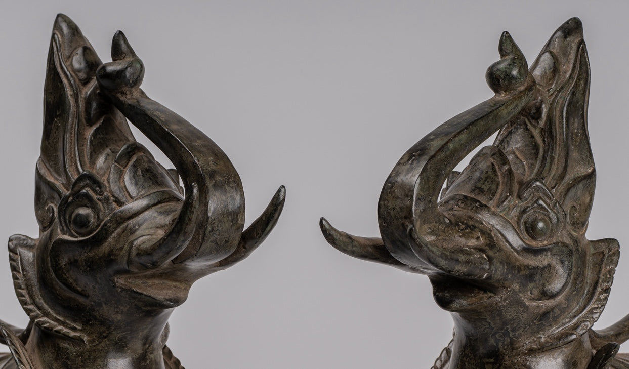 Antiguo estilo birmano de bronce de pie Chinthe Guardian Temple Lions (par) - 29 cm/12 "