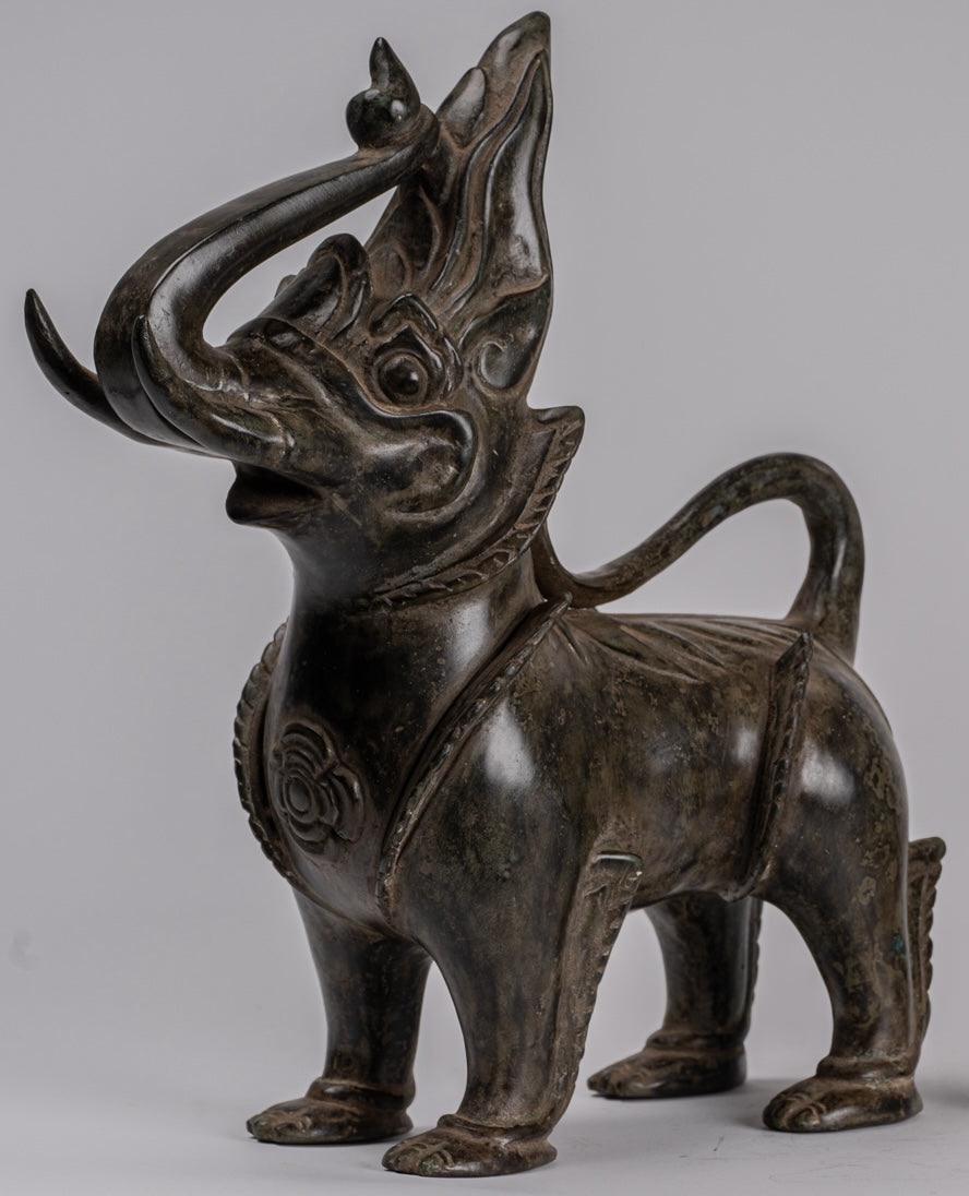 Antiguo estilo birmano de bronce de pie Chinthe Guardian Temple Lions (par) - 29 cm/12 "