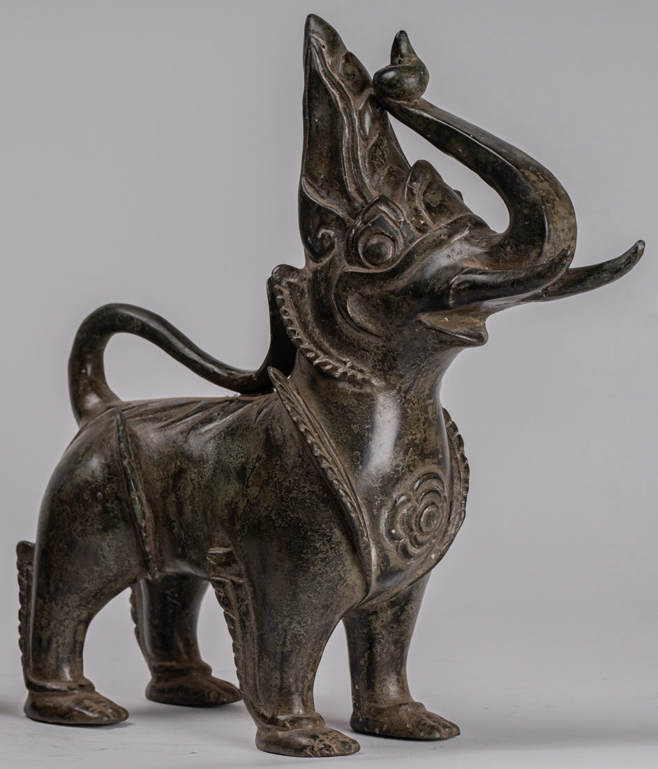 Antiguo estilo birmano de bronce de pie Chinthe Guardian Temple Lions (par) - 29 cm/12 "