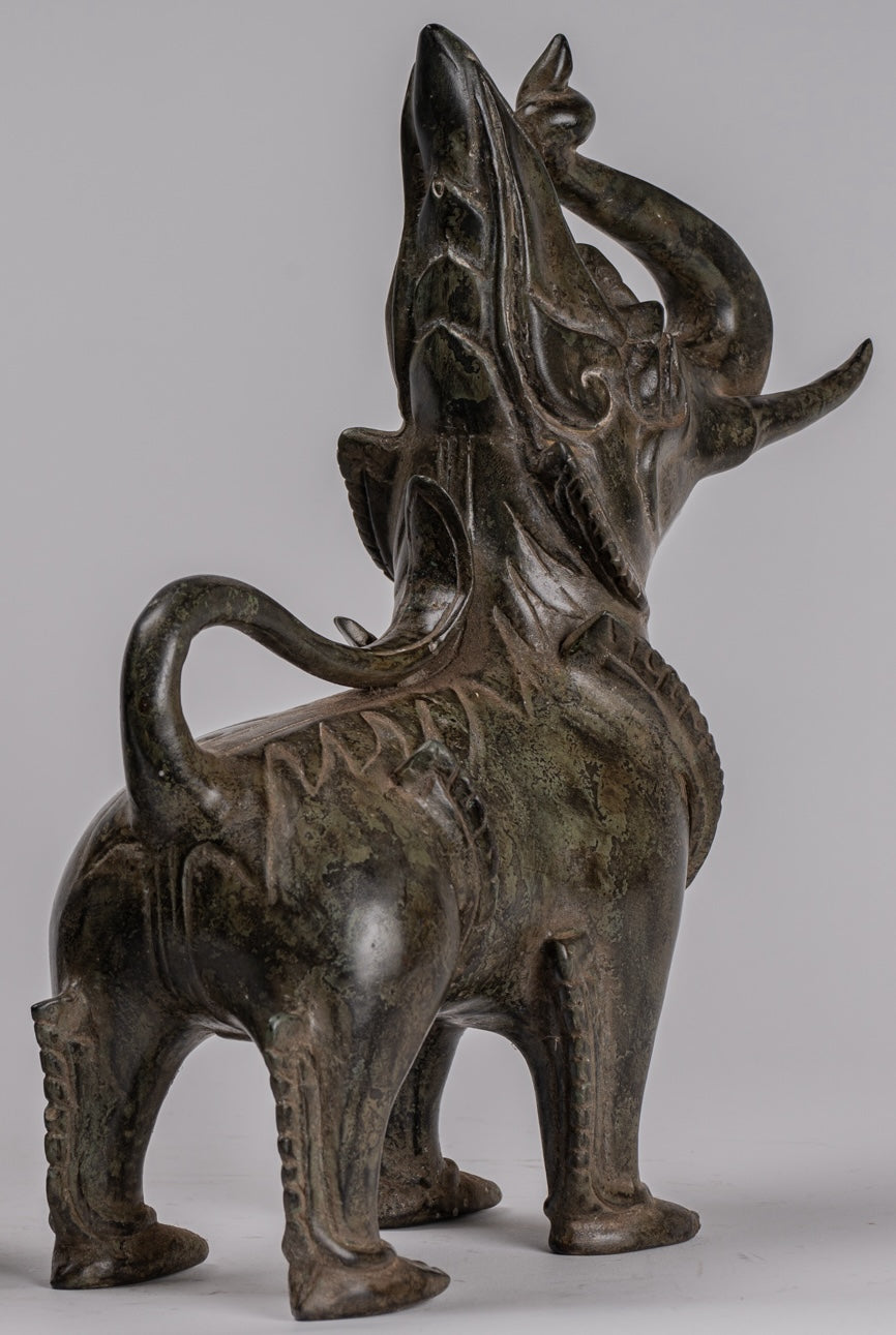 Antiguo estilo birmano de bronce de pie Chinthe Guardian Temple Lions (par) - 29 cm/12 "