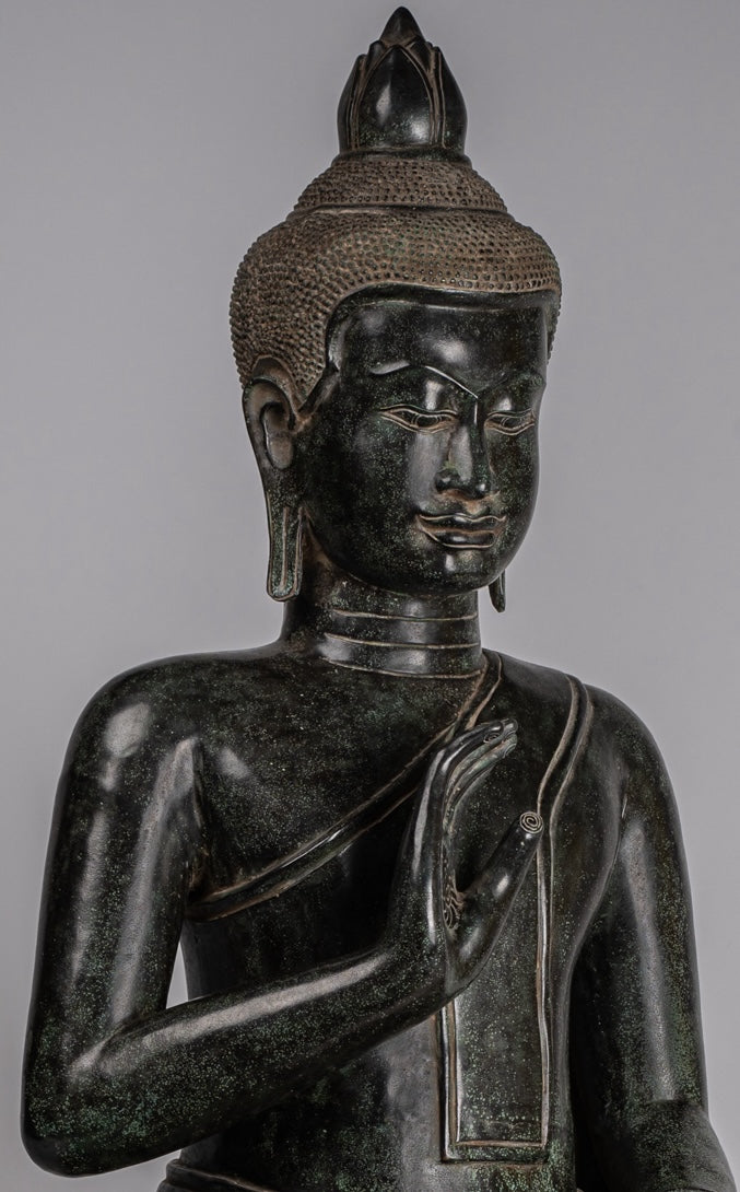 Buddha - Antique Khmer Style Bronze Enthroned Teaching Buddha Statue - 95cm/38"