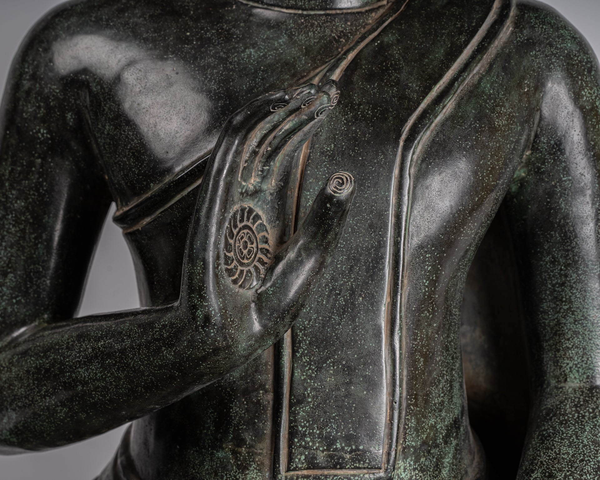 Buddha - Antique Khmer Style Bronze Enthroned Teaching Buddha Statue - 95cm/38"