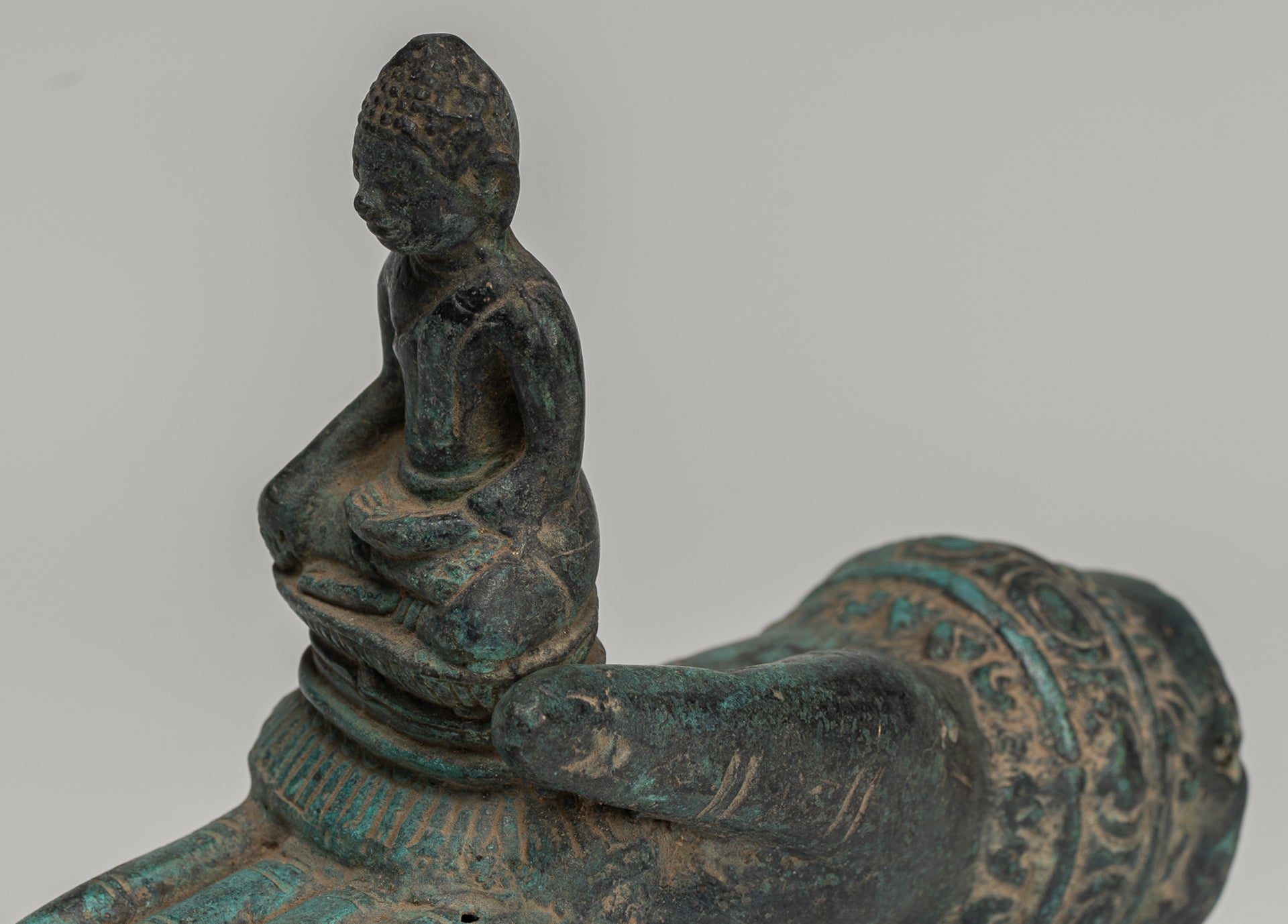 Freestanding Antique Khmer Style Bronze Hand & Buddha - 12cm/5"
