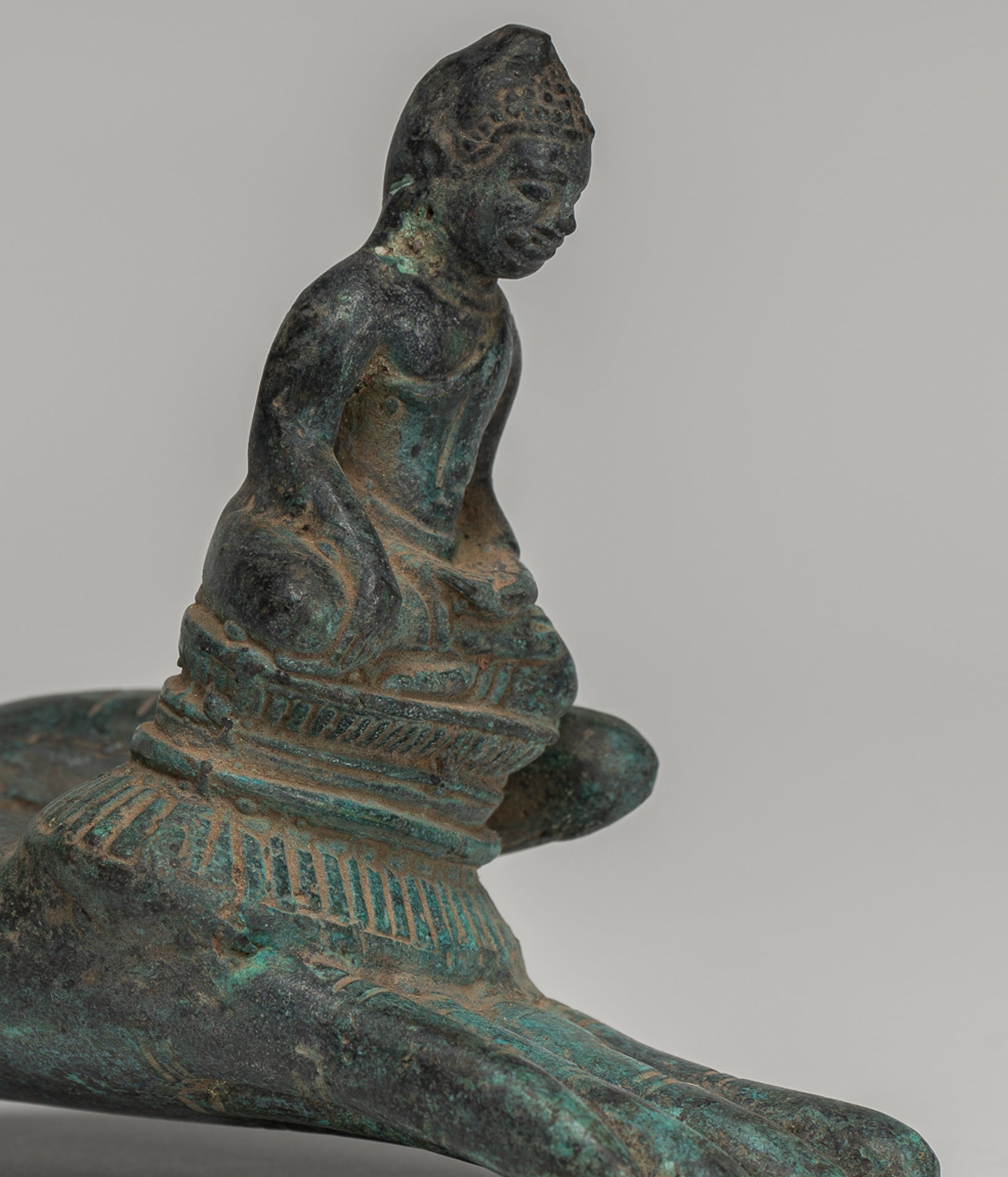 Freestanding Antique Khmer Style Bronze Hand & Buddha - 12cm/5"