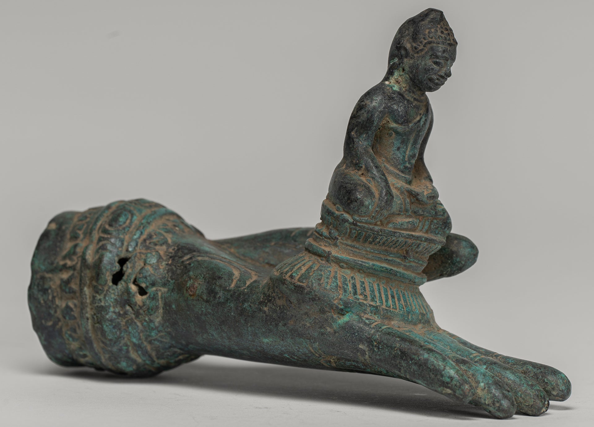 Freestanding Antique Khmer Style Bronze Hand & Buddha - 12cm/5"