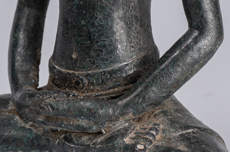 Rishi Statue - Antique Khmer Style Seated Bronze Rishi or Wise Man - 17cm/7"