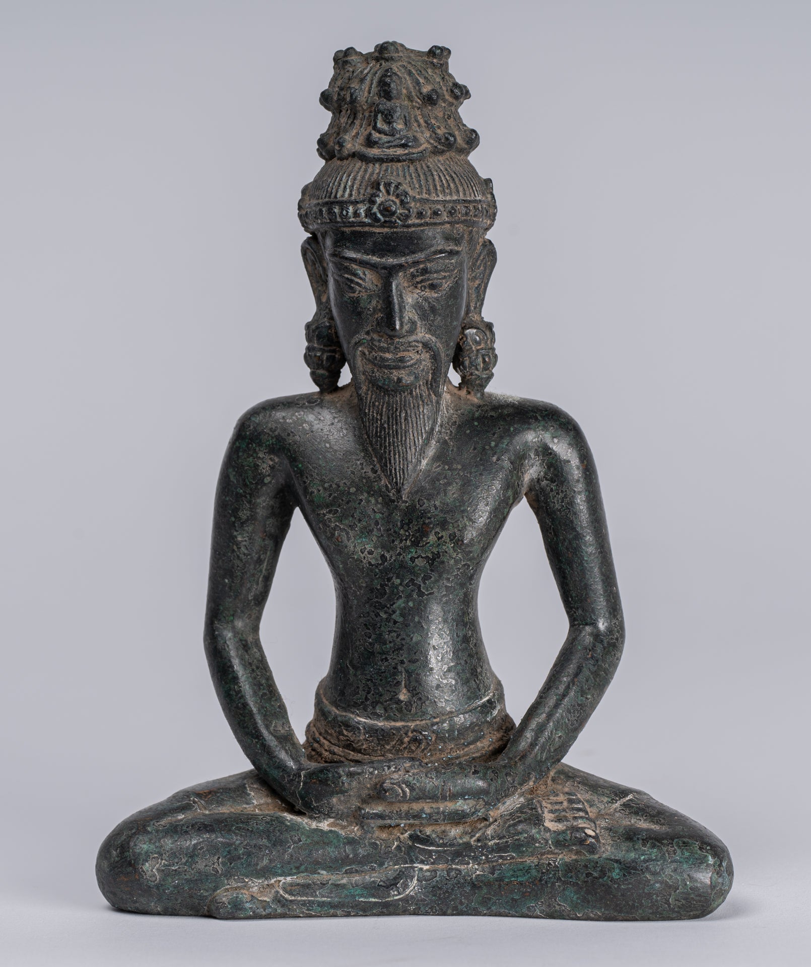 Rishi Statue - Antique Khmer Style Seated Bronze Rishi or Wise Man - 17cm/7"