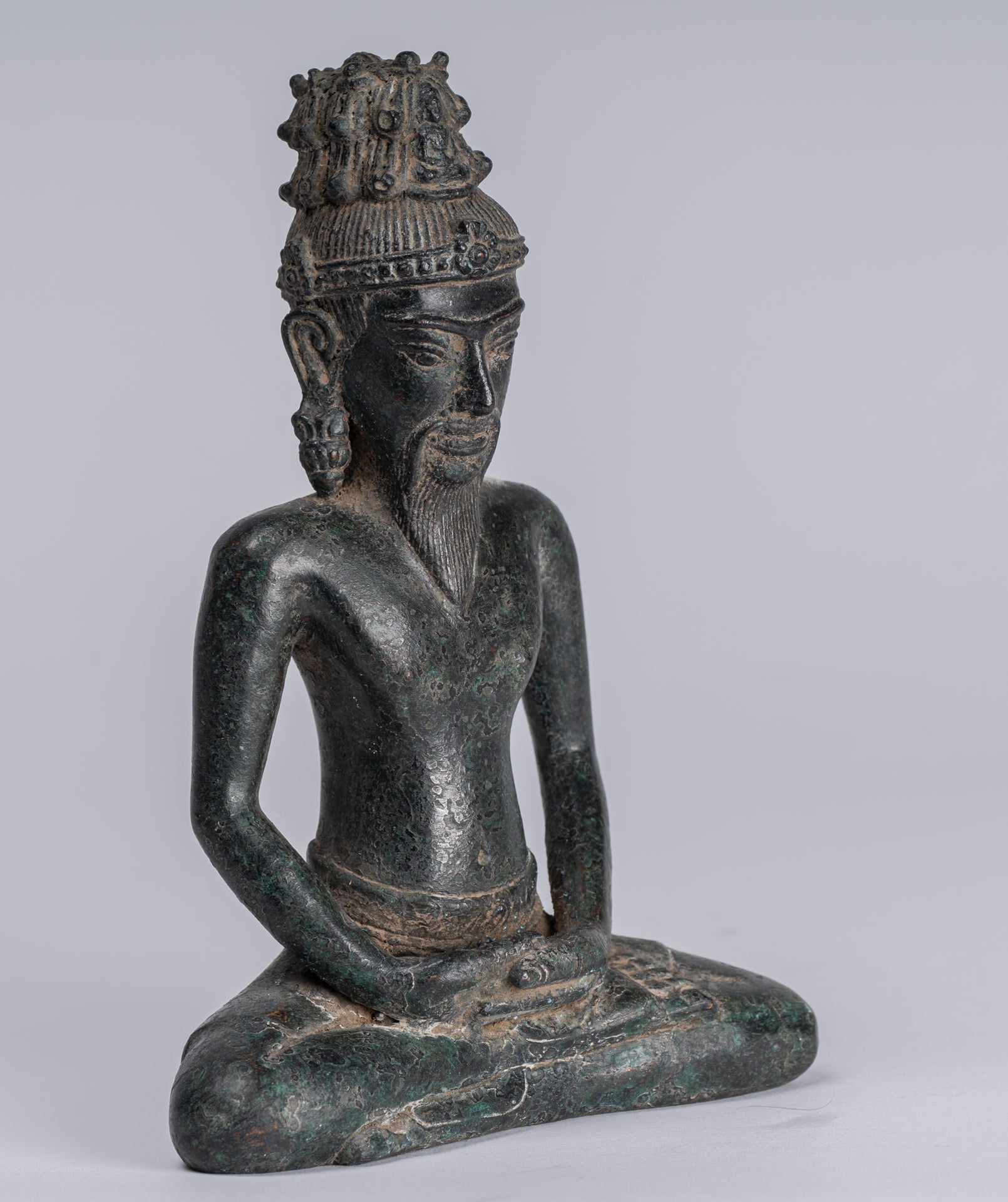Rishi Statue - Antique Khmer Style Seated Bronze Rishi or Wise Man - 17cm/7"