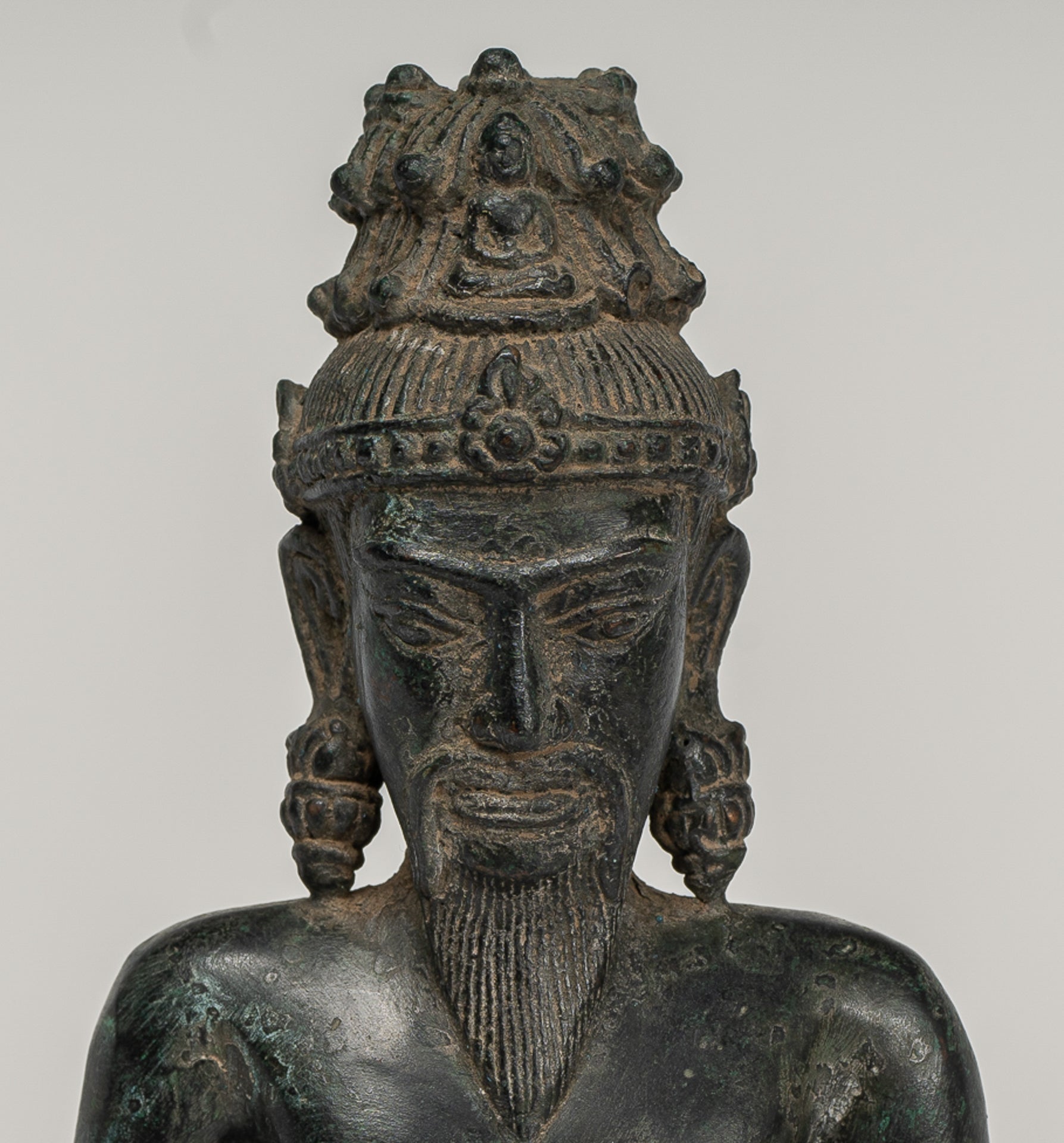 Rishi Statue - Antique Khmer Style Seated Bronze Rishi or Wise Man - 17cm/7"