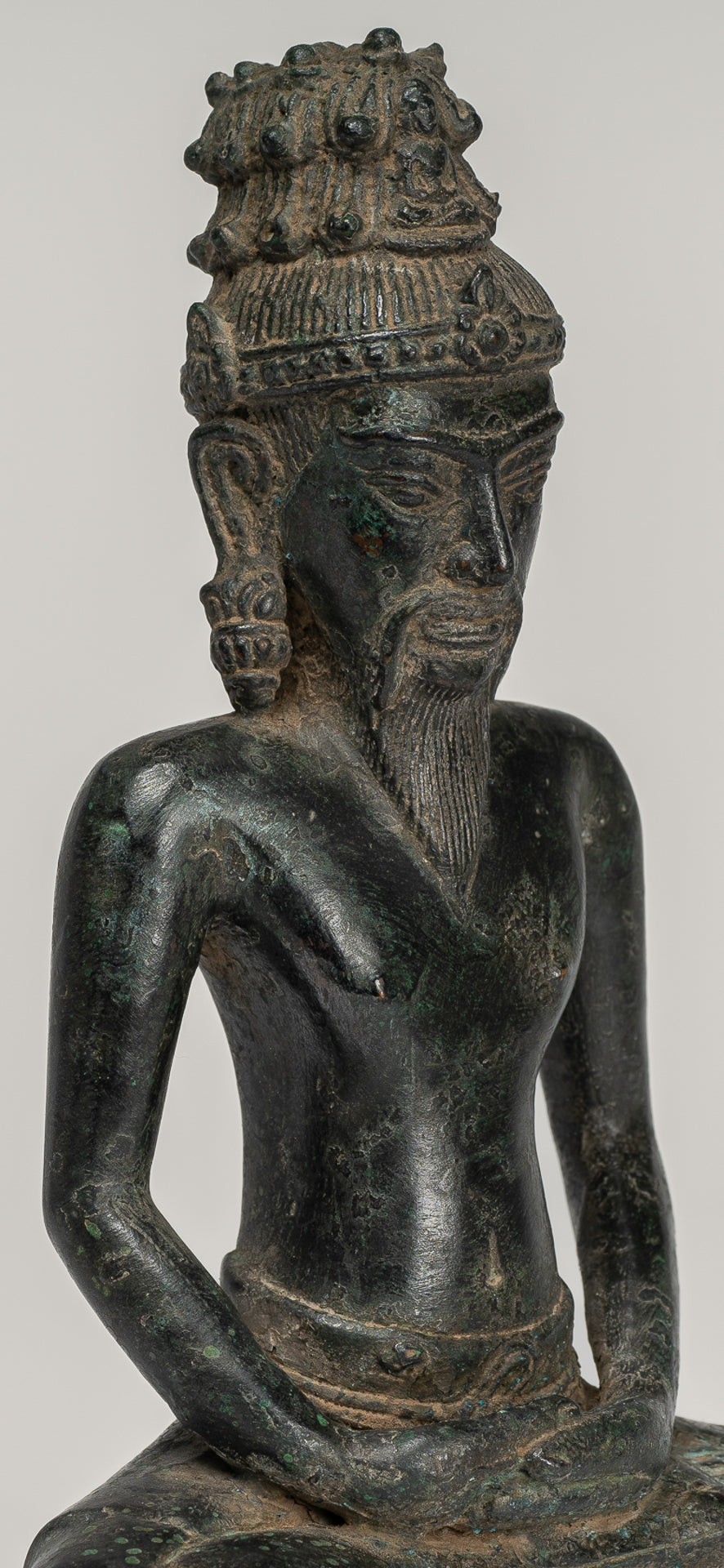 Rishi Statue - Antique Khmer Style Seated Bronze Rishi or Wise Man - 17cm/7"