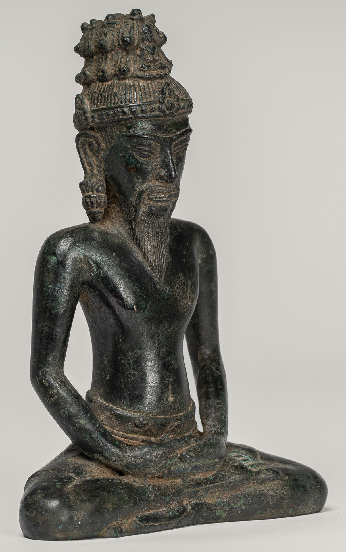 Rishi Statue - Antique Khmer Style Seated Bronze Rishi or Wise Man - 17cm/7"