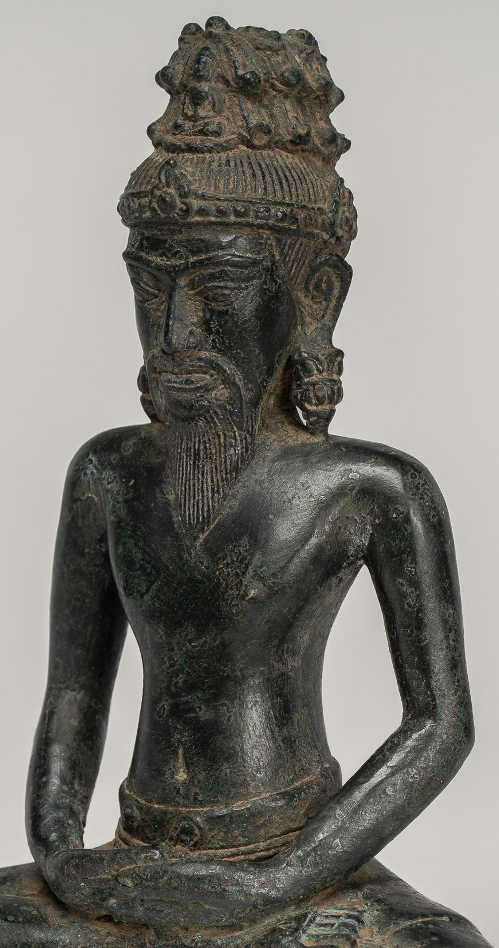 Rishi Statue - Antique Khmer Style Seated Bronze Rishi or Wise Man - 17cm/7"