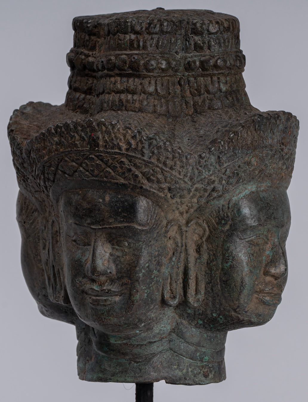 Brahma Statue - Antique Khmer Style Mounted Bronze Brahma Head - Hindu God Creation - 24cm/10"