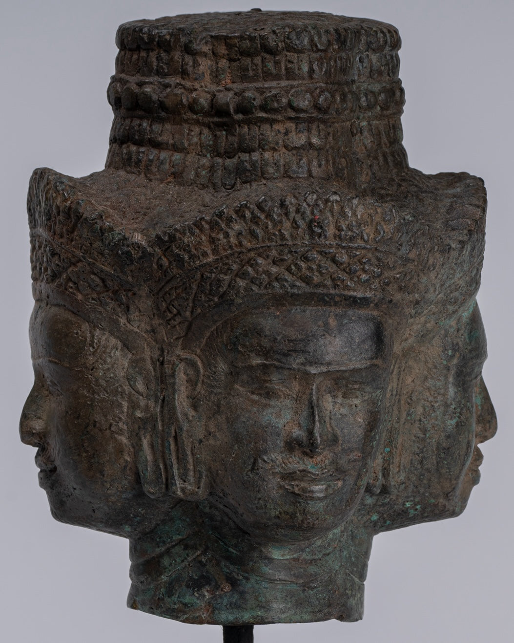 Brahma Statue - Antique Khmer Style Mounted Bronze Brahma Head - Hindu God Creation - 24cm/10"
