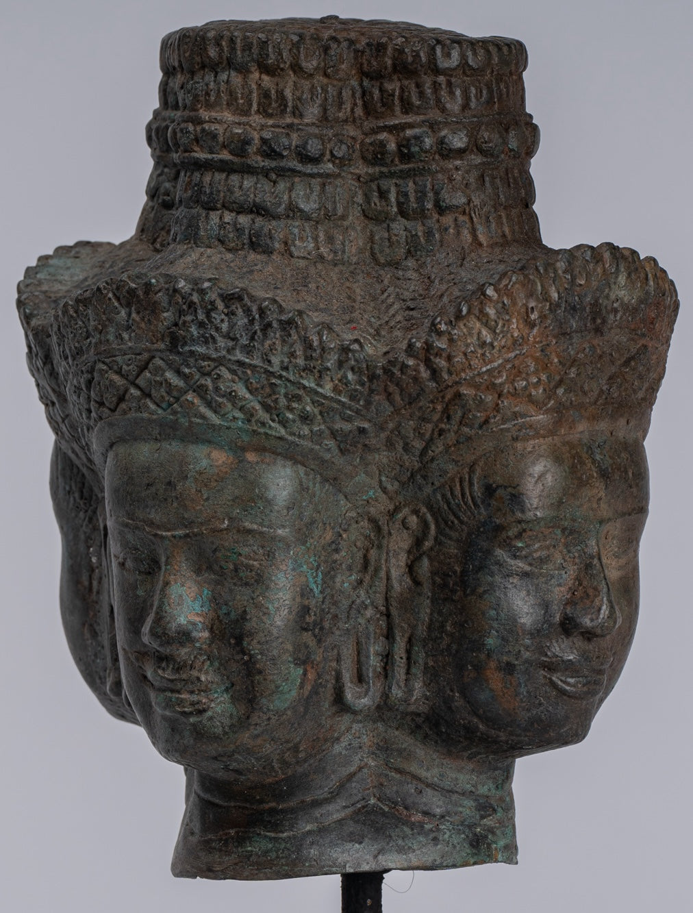 Brahma Statue - Antique Khmer Style Mounted Bronze Brahma Head - Hindu God Creation - 24cm/10"