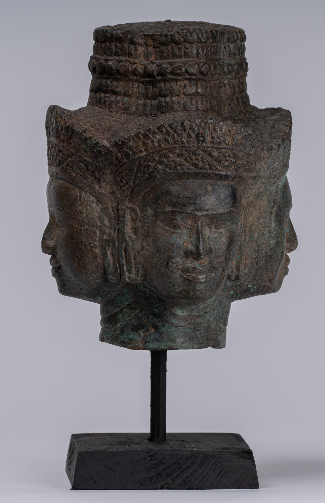 Brahma Statue - Antique Khmer Style Mounted Bronze Brahma Head - Hindu God Creation - 24cm/10"