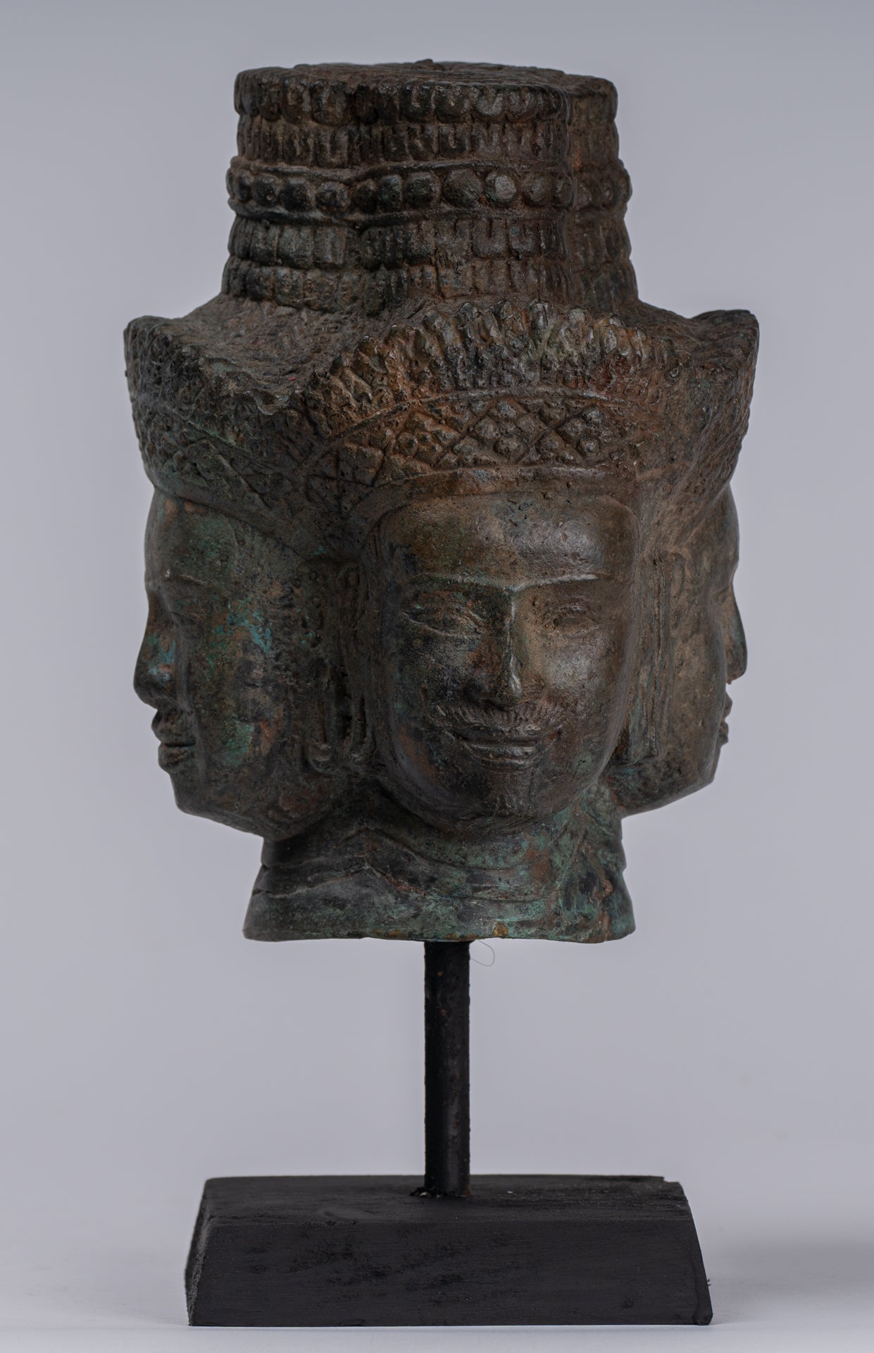 Brahma Statue - Antique Khmer Style Mounted Bronze Brahma Head - Hindu God Creation - 24cm/10"