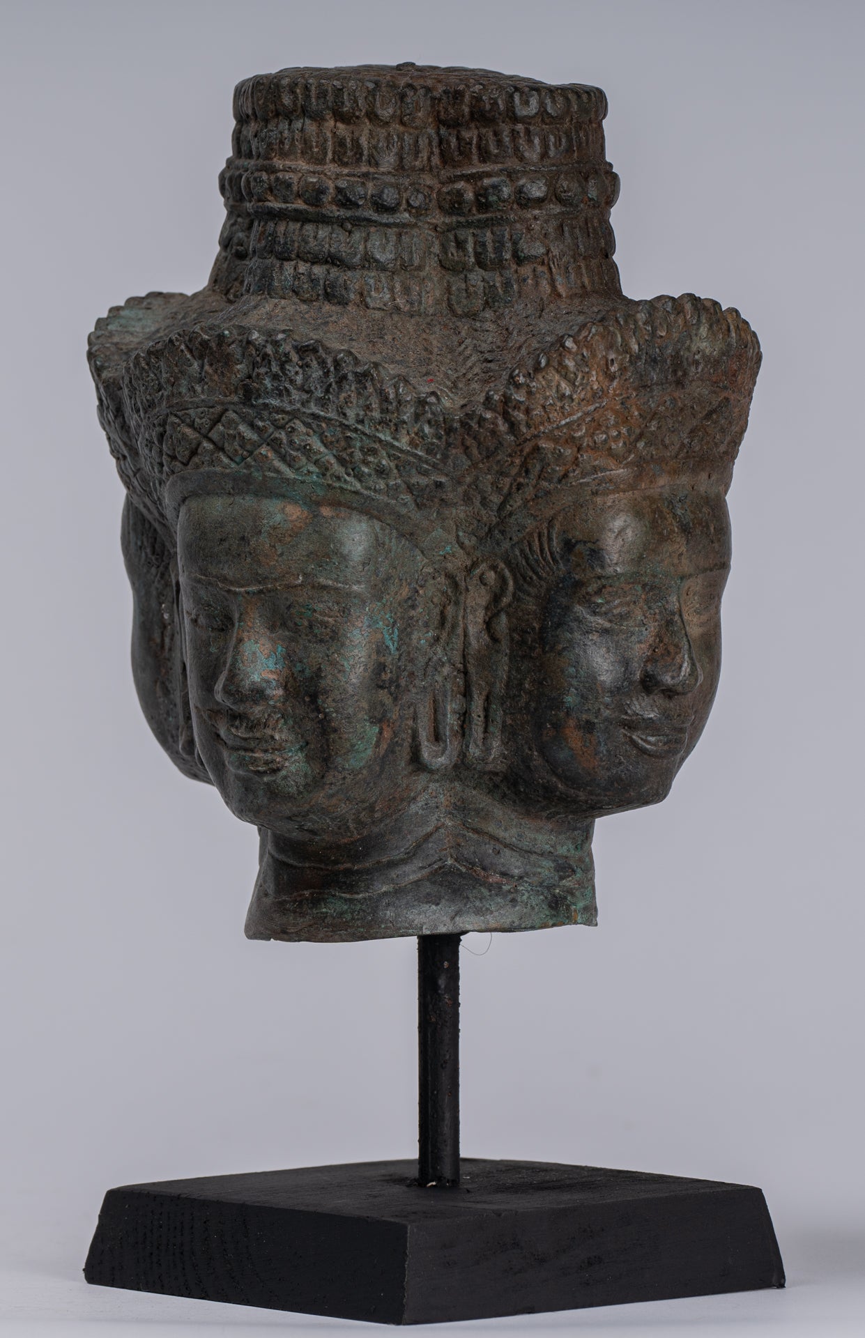 Brahma Statue - Antique Khmer Style Mounted Bronze Brahma Head - Hindu God Creation - 24cm/10"