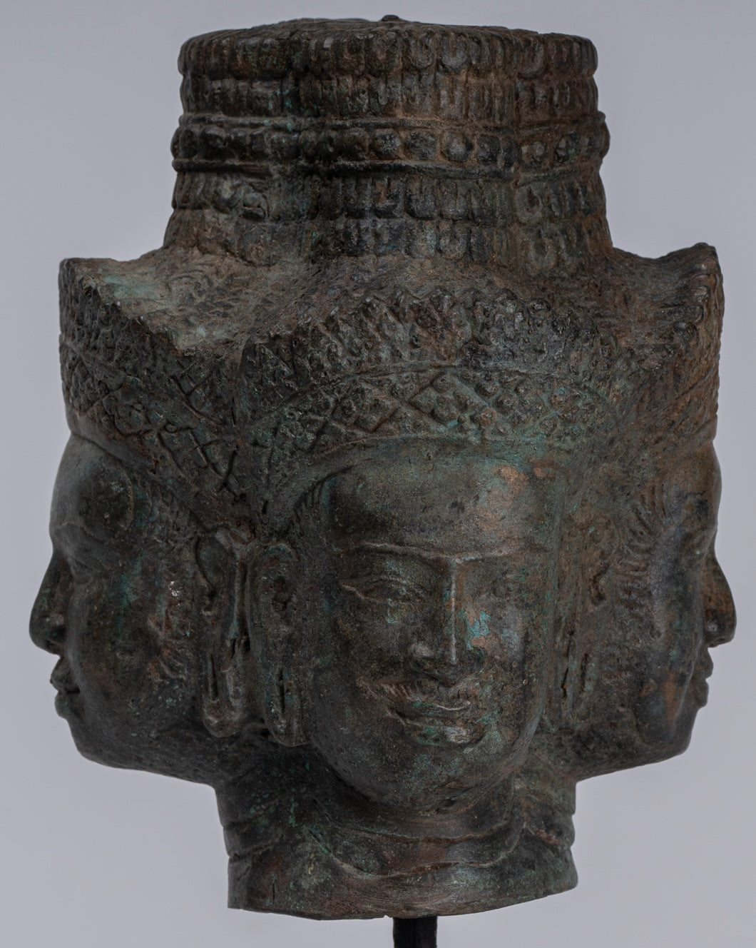 Brahma Statue - Antique Khmer Style Mounted Bronze Brahma Head - Hindu God Creation - 24cm/10"