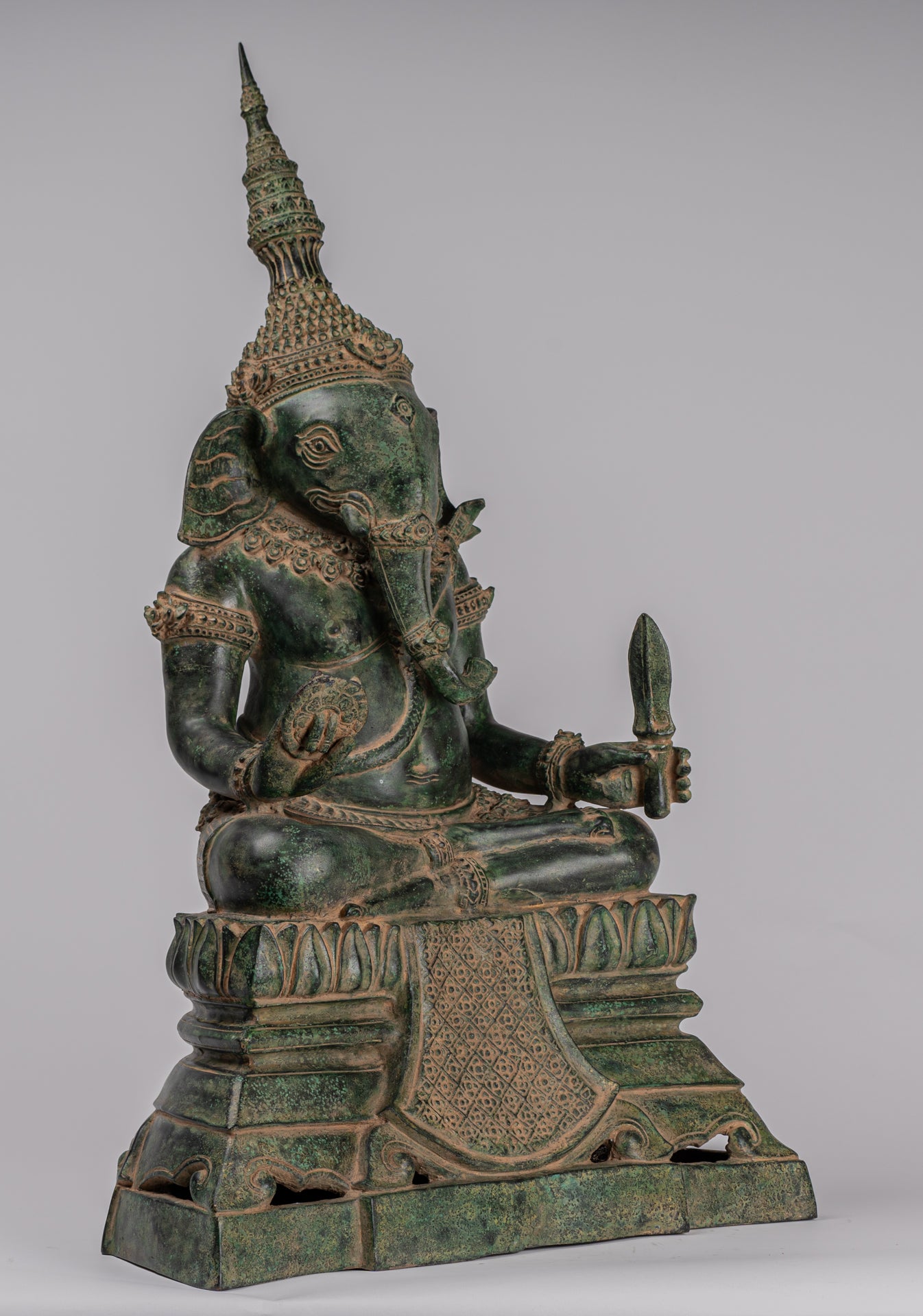 Ganesha Statue - Antique Khmer Style Bronze Seated Ganesh Statue - 60cm/24"