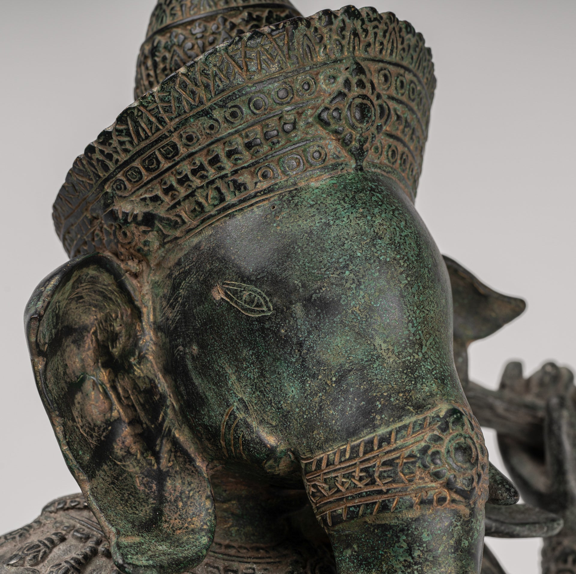 Ganesha Statue - Antique Khmer Style Angkor Wat Bronze Seated Four Arm Ganesh Statue - 38cm/15"