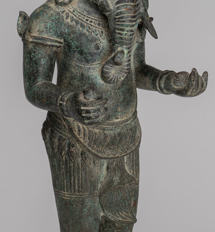 Ganesha Statue - Antique Khmer Style Mounted Standing Bronze Angkor Wat Ganesha Statue - 57cm/23"