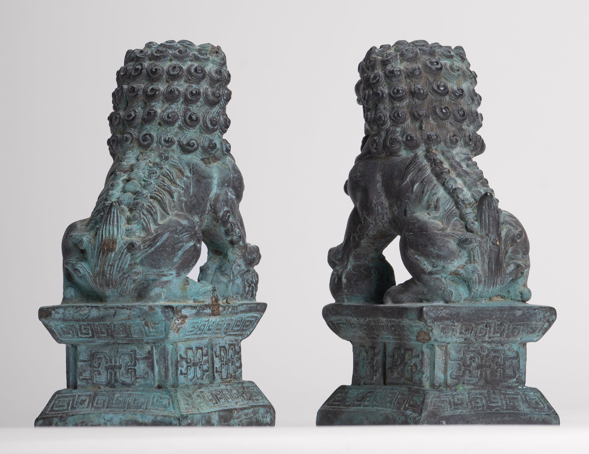 Antique Chinese Style Bronze Temple Guardian Lions Shishi Lions Foo Dogs Imperial Lions (Pair) - 16.5cm/7"
