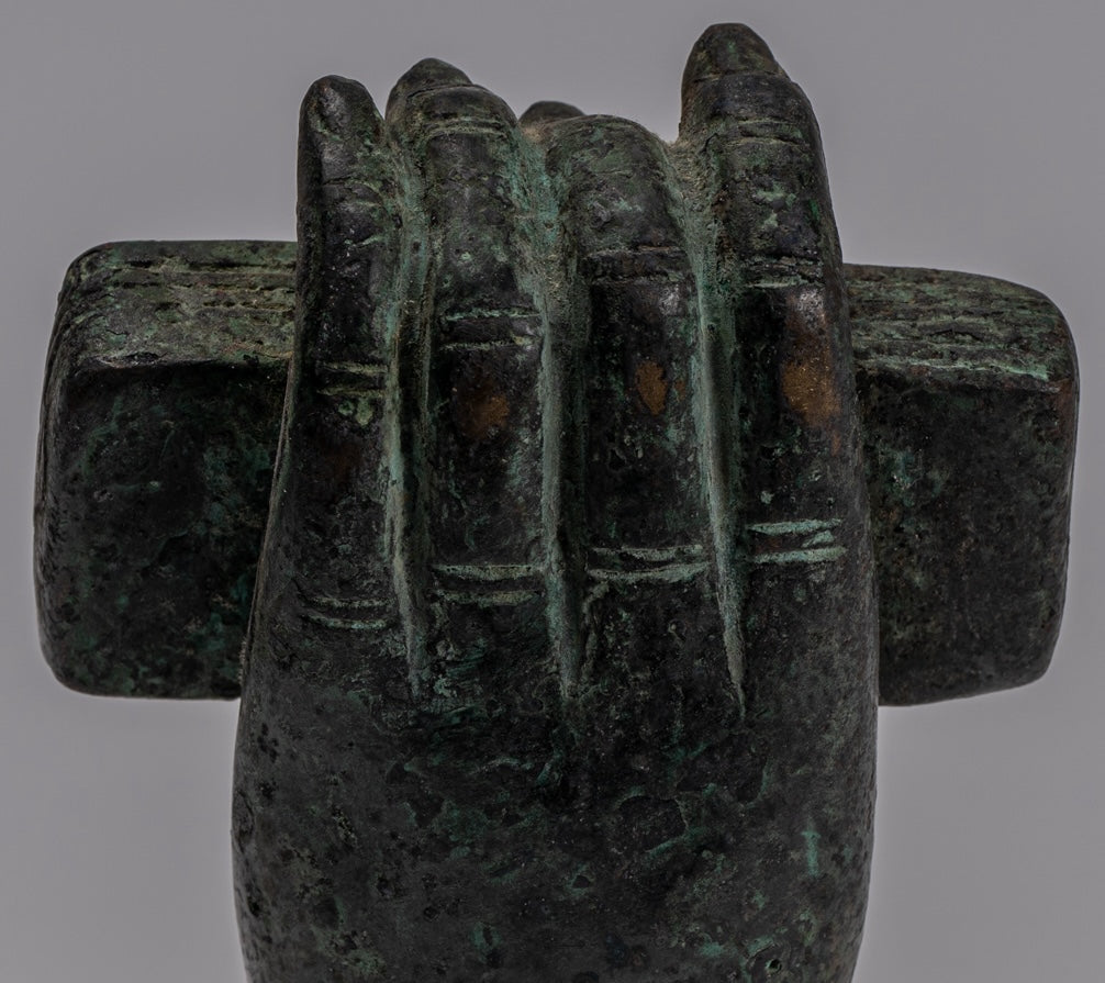 Free Standing Antique Khmer Style Southeast Asia Bronze Hand & Sutra - 16cm/6"