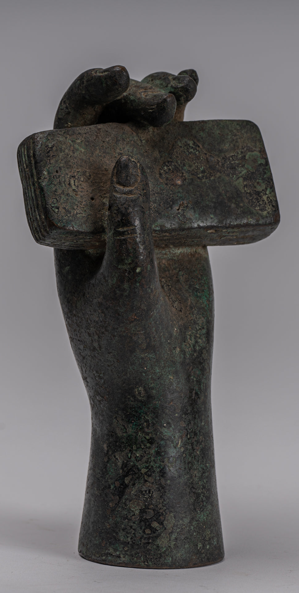 Free Standing Antique Khmer Style Southeast Asia Bronze Hand & Sutra - 16cm/6"