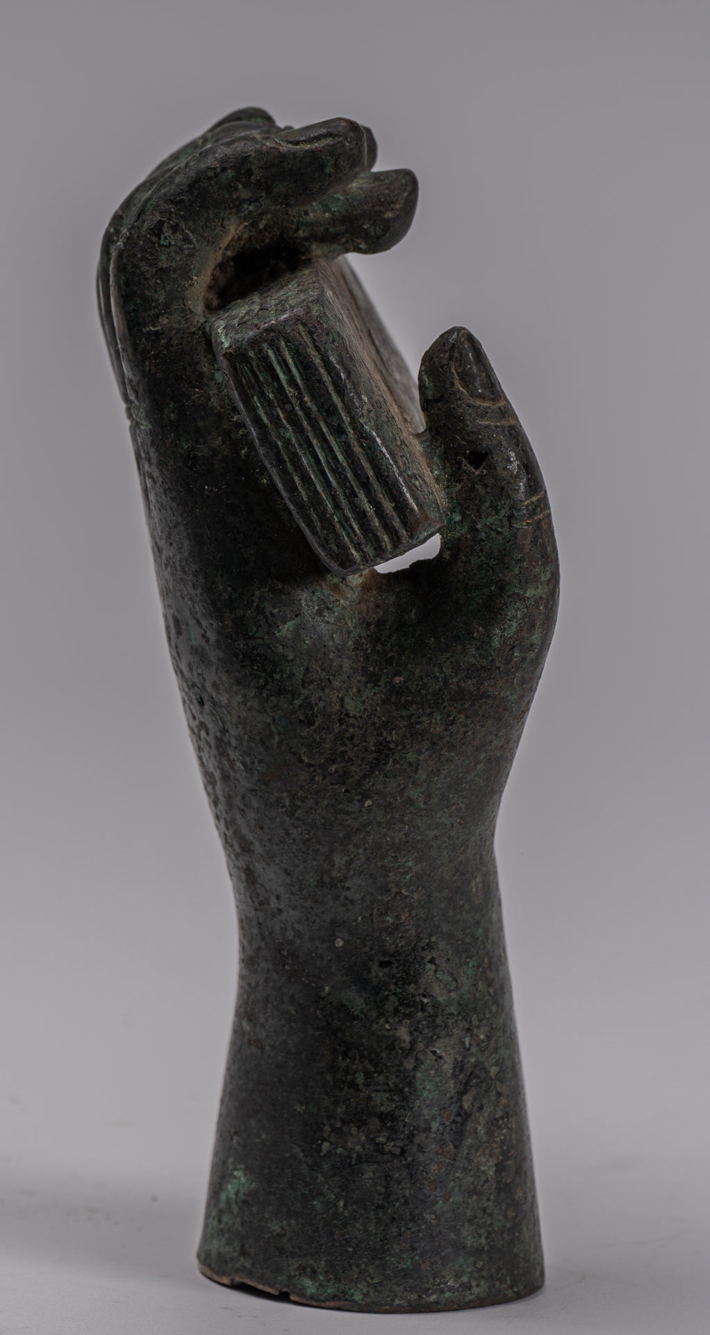 Free Standing Antique Khmer Style Southeast Asia Bronze Hand & Sutra - 16cm/6"