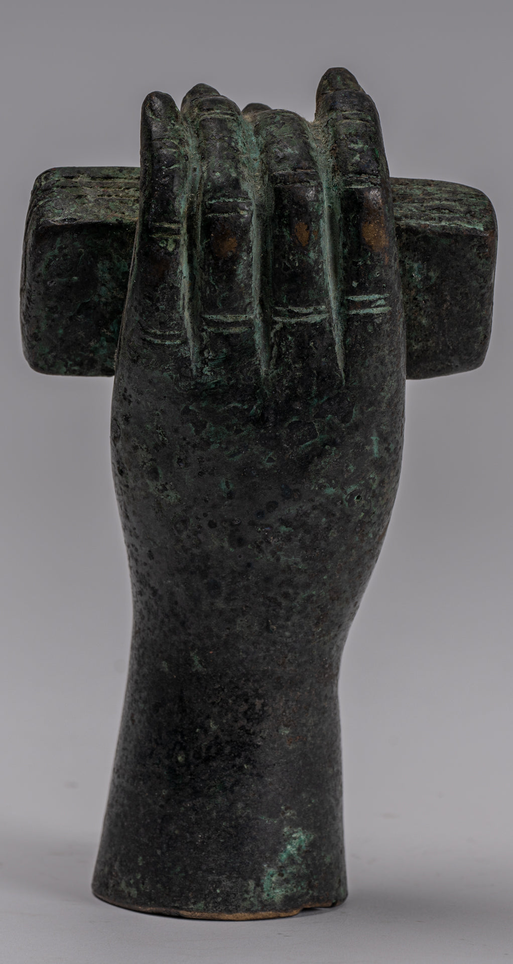 Free Standing Antique Khmer Style Southeast Asia Bronze Hand & Sutra - 16cm/6"