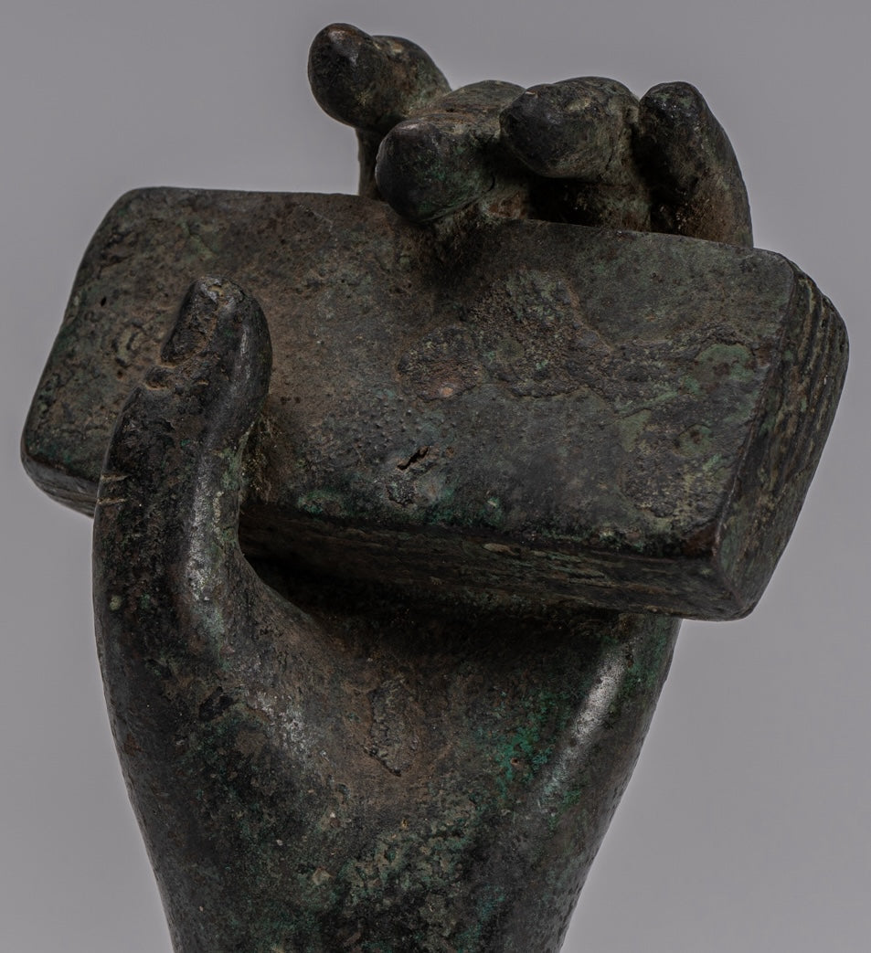 Free Standing Antique Khmer Style Southeast Asia Bronze Hand & Sutra - 16cm/6"