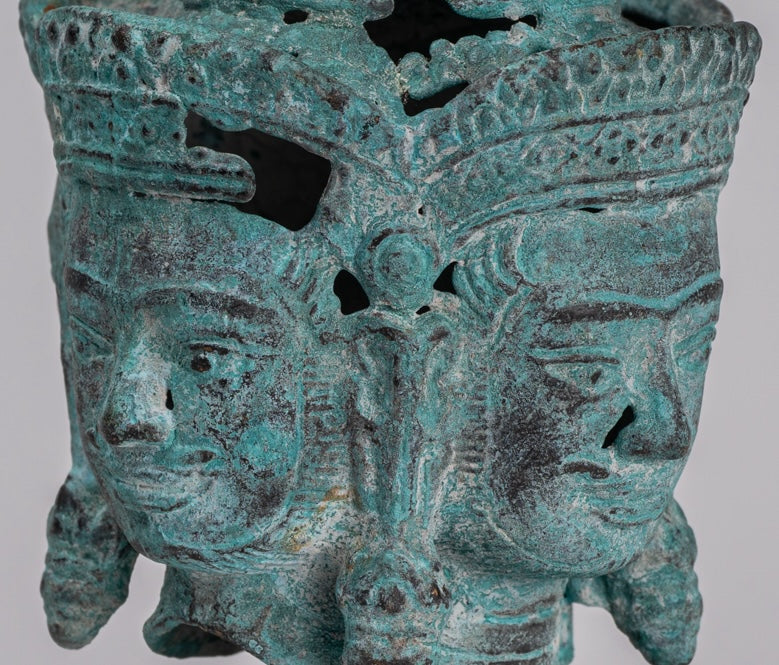 Brahma Statue - Antique Khmer Style Mounted Bronze Brahma Head - Hindu God Creation - 18cm/7"