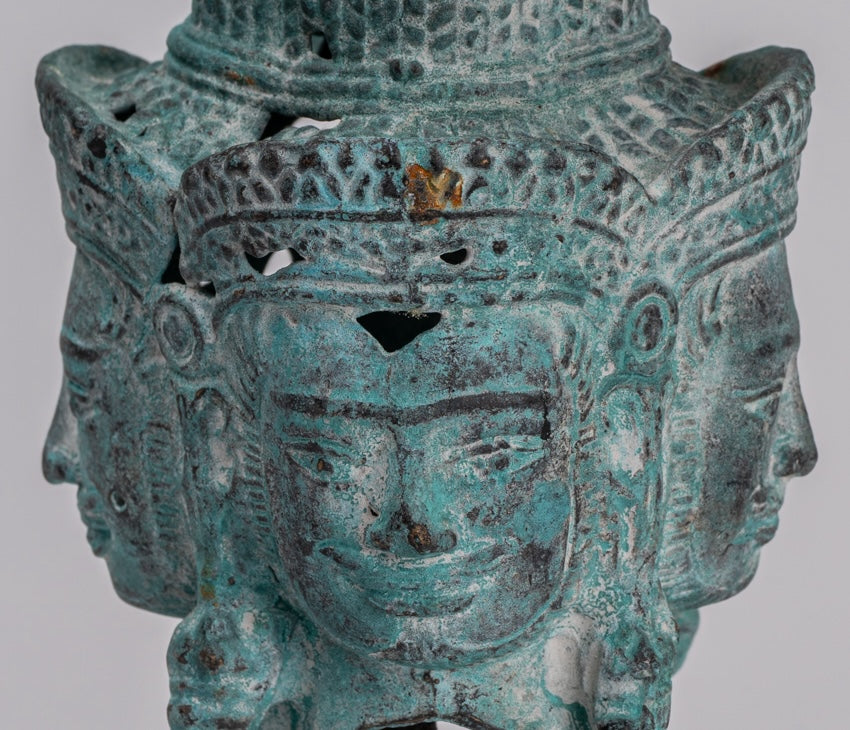 Brahma Statue - Antique Khmer Style Mounted Bronze Brahma Head - Hindu God Creation - 18cm/7"