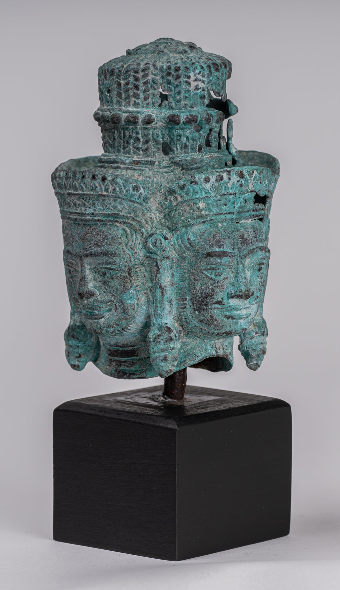 Brahma Statue - Antique Khmer Style Mounted Bronze Brahma Head - Hindu God Creation - 18cm/7"