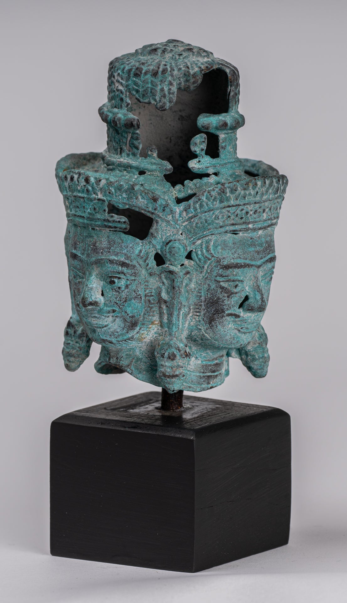 Brahma Statue - Antique Khmer Style Mounted Bronze Brahma Head - Hindu God Creation - 18cm/7"