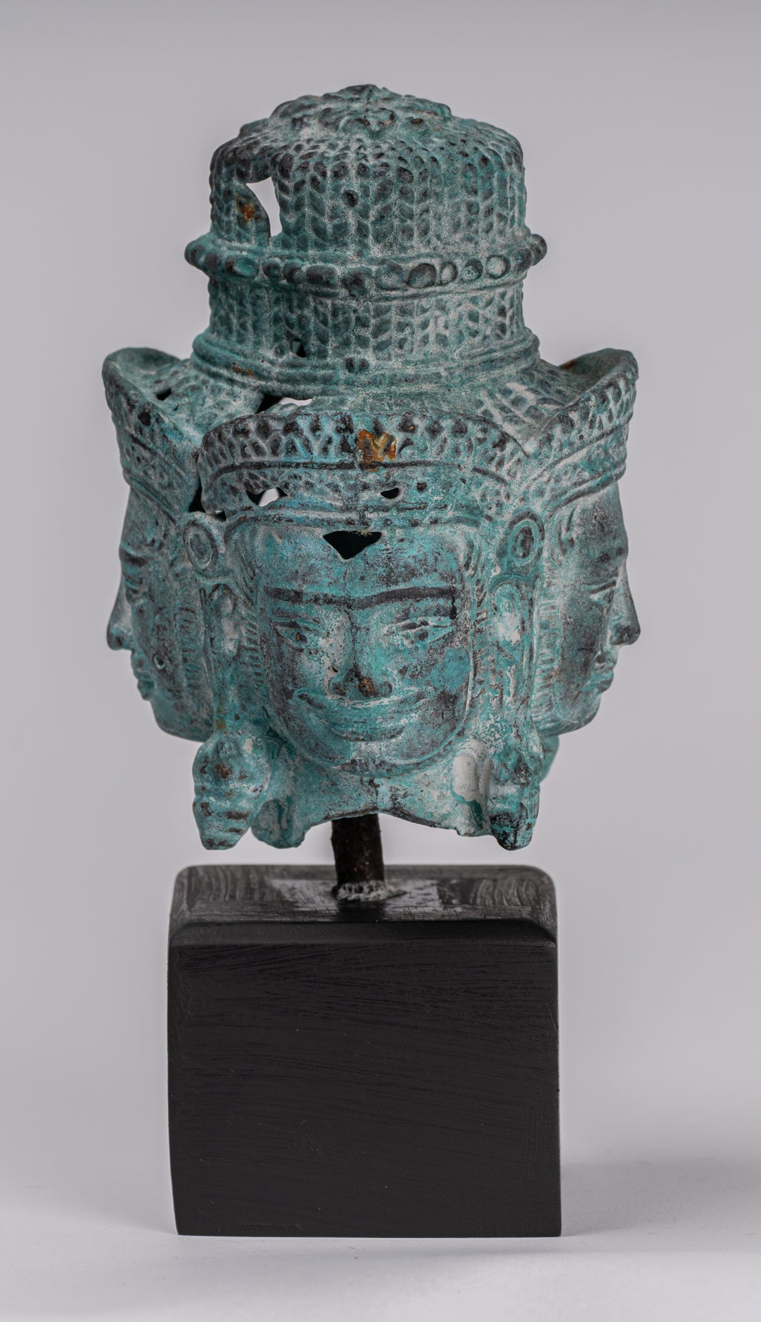 Brahma Statue - Antique Khmer Style Mounted Bronze Brahma Head - Hindu God Creation - 18cm/7"