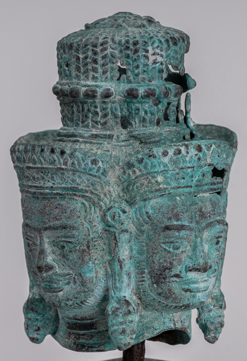 Brahma Statue - Antique Khmer Style Mounted Bronze Brahma Head - Hindu God Creation - 18cm/7"