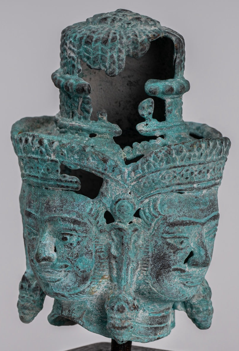 Brahma Statue - Antique Khmer Style Mounted Bronze Brahma Head - Hindu God Creation - 18cm/7"