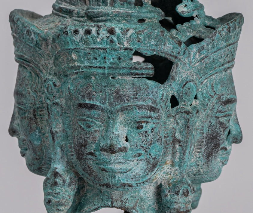 Brahma Statue - Antique Khmer Style Mounted Bronze Brahma Head - Hindu God Creation - 18cm/7"