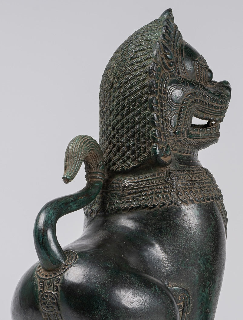 Temple Lions - Antique Khmer Style Bronze Standing Temple Guardians or Lions - 38cm/15"
