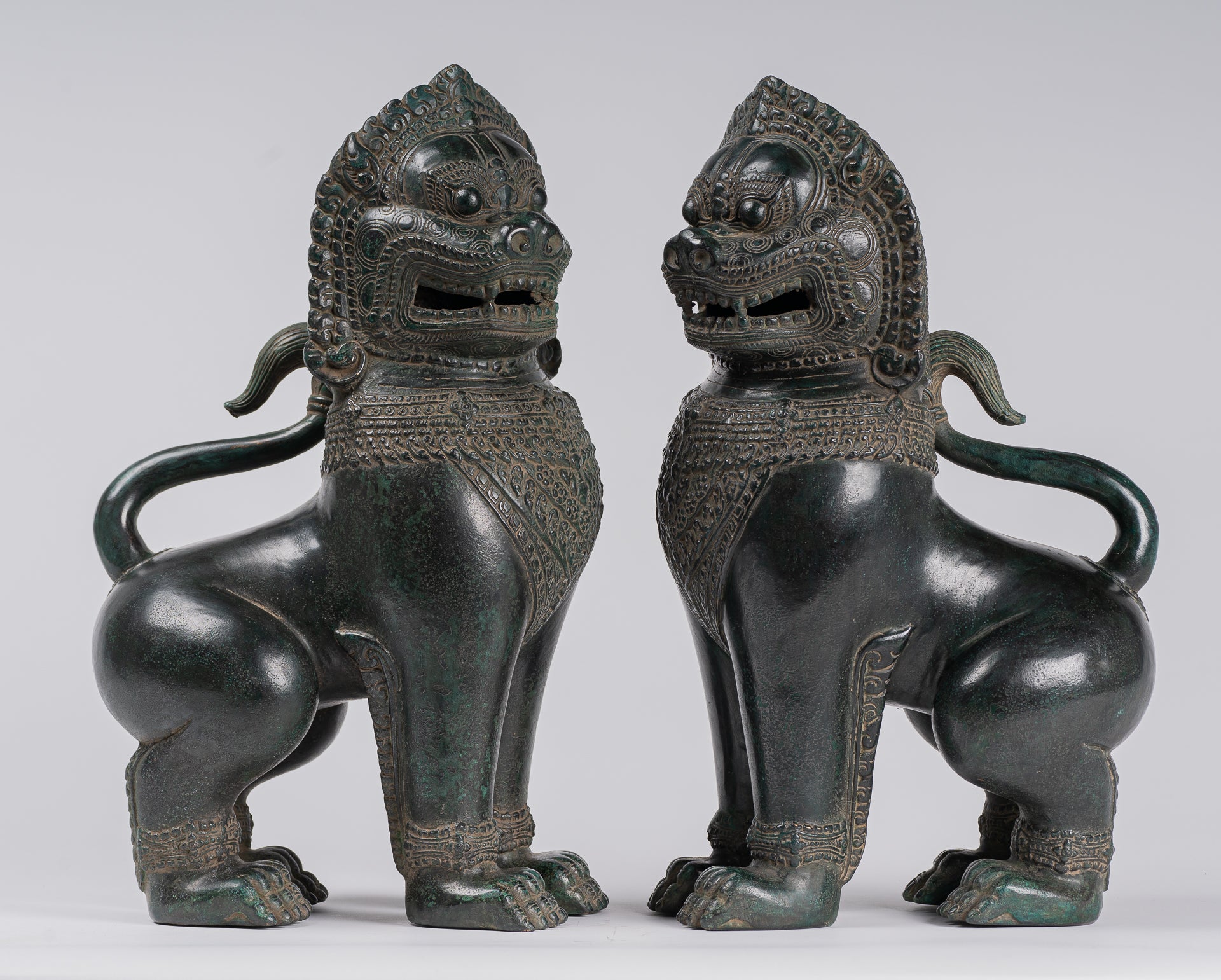 Temple Lions - Antique Khmer Style Bronze Standing Temple Guardians or Lions - 38cm/15"