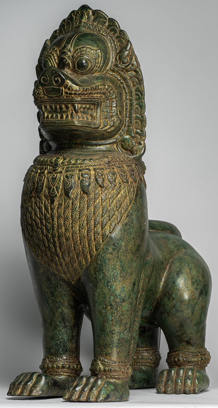 Temple Lions - Antique Khmer Style Bronze Temple Guardians or Lions (Pair) - 72cm/29"